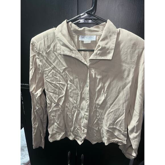 Impressions of California Tops - Vintage Impressions of California Taupe Button Down Blouse Long Sleeve